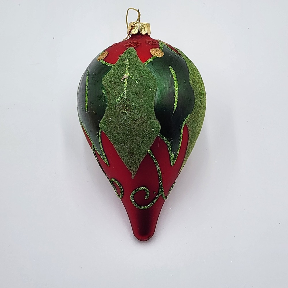 Vintage Hand Painted Teardrop Glass Ornament Red Textured with Holly Leaves Cute